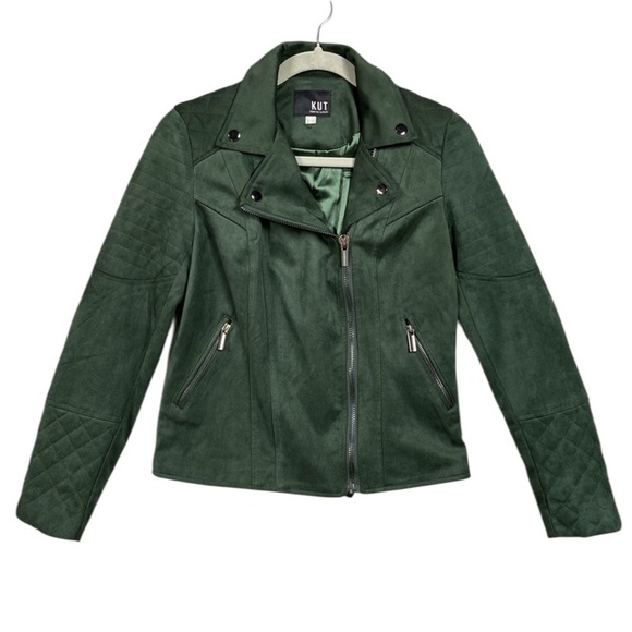 Kut From The Kloth Dawn Quilted Moto Jacket Hunter Green Faux Suede Size XS - Picture 1 of 9